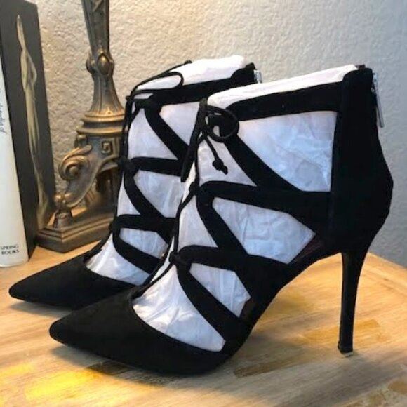 New BCBGeneration Black Suede Caged Lace-up Gladiator Booties Stiletto Heels 10 - Picture 3 of 6
